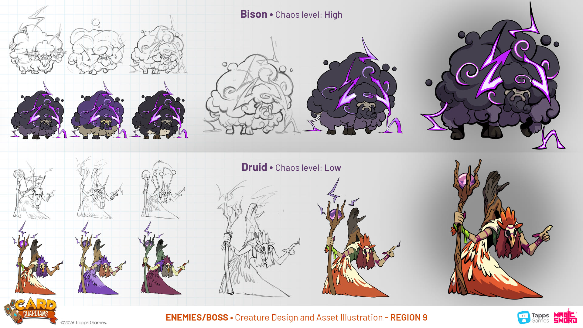 Working process for a Card Guardians enemy by Magic Sword Studio, from sketch through colour variants to final art